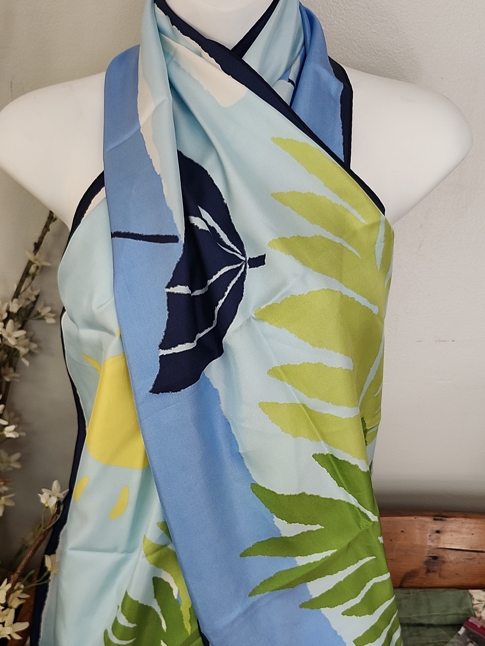 Vtg Talbots Blue and Green Tropical Leaf Silk Scarf Shell Detailing On Each End
